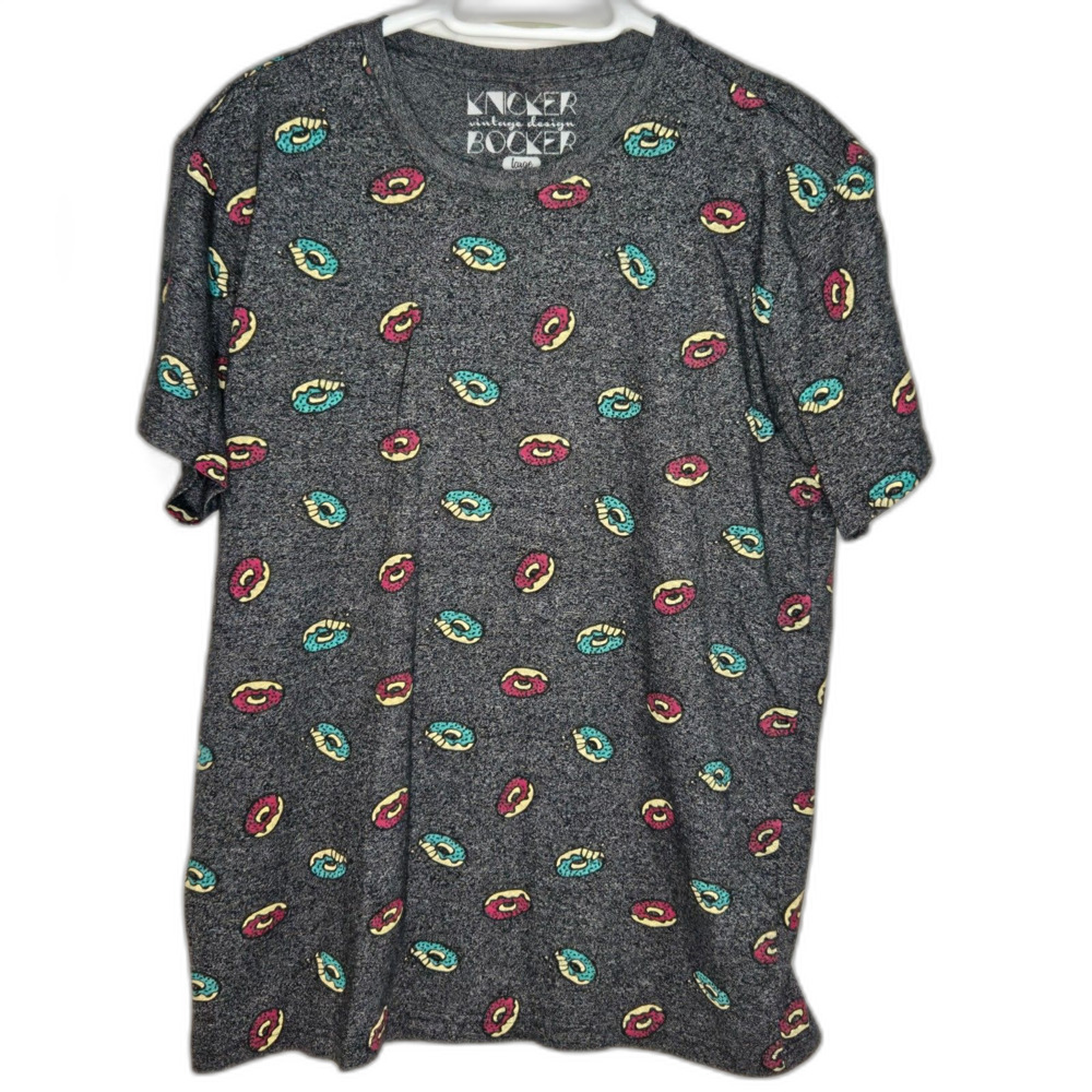 All Over Donut Print Heather Charcoal Graphic Tee | Men's L | Gray Pink Green